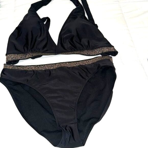 Black Gold Trim Halter Bikini Swimsuit Two Piece Beach Swimwear - Picture 1 of 7